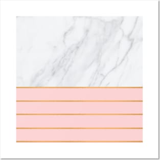 Gray and White Marble with Rose Pink and Copper Gold Stripes Posters and Art